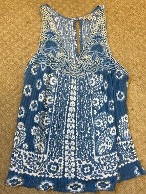 Lucky Brand Blue & White Embroidered Crochet Yoke Tank